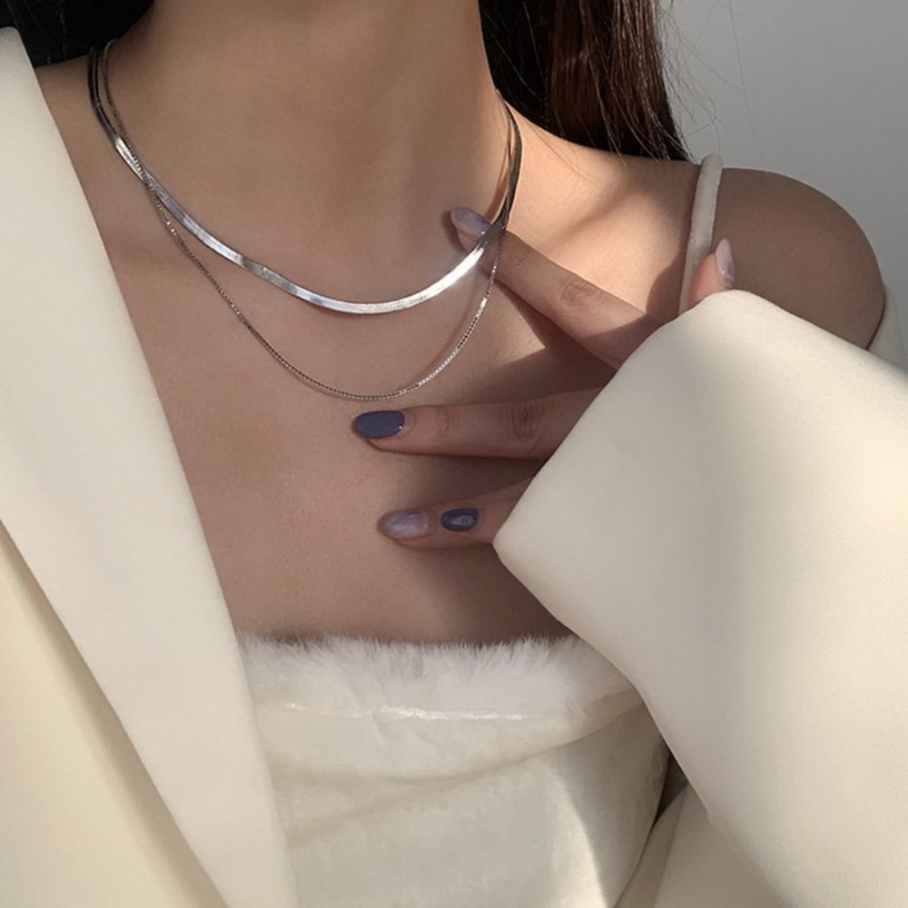#NEW 925 Sterling Silver  Flat Herringbone Snake Chain Double Layer Necklace - Picture 4 of 5